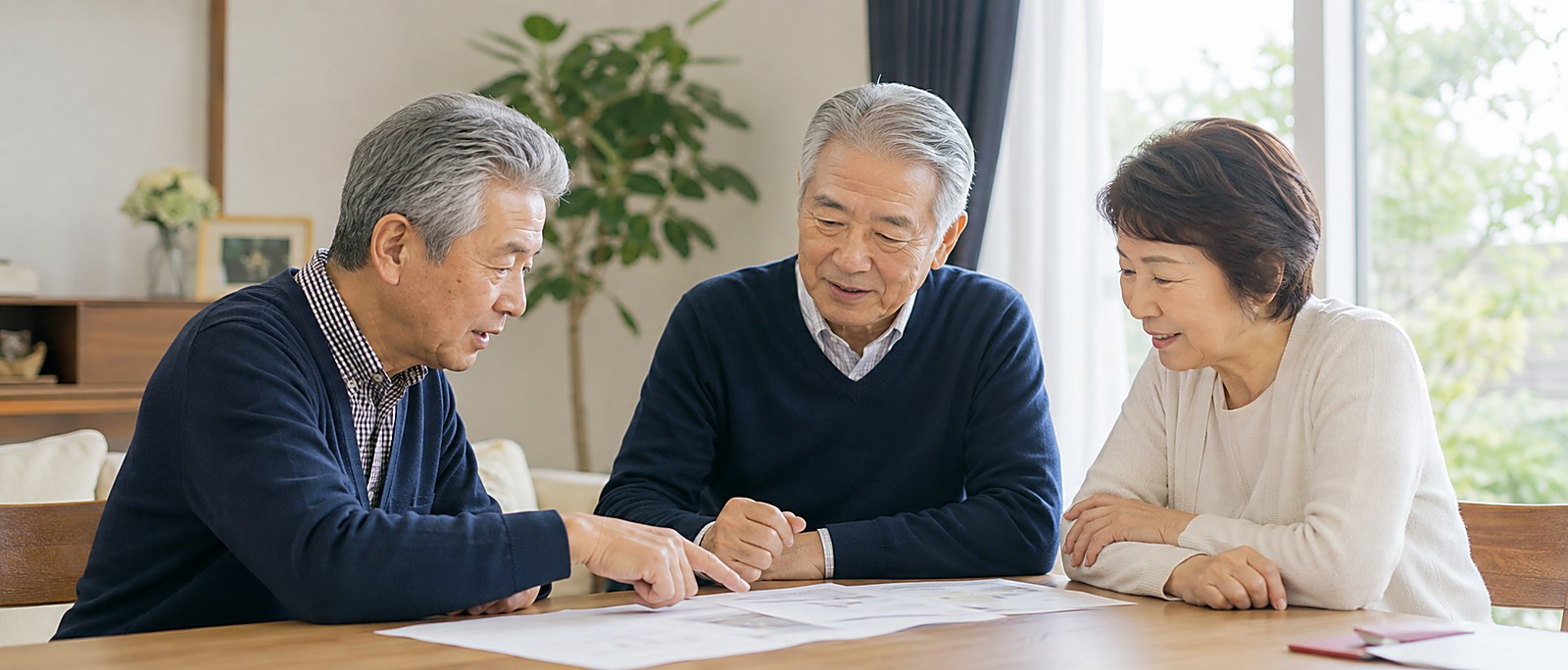 居間において、相続人が書類を前に穏やかに話し合っている場面
