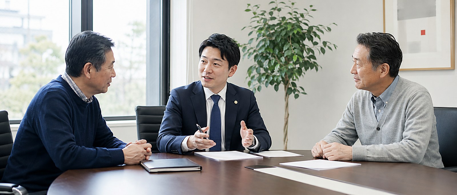 会議室において、弁護士を交えて遺産分割の協議をしている場面
