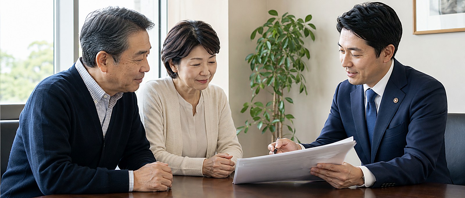 応接室において、遺産分割協議書の内容を確認している場面