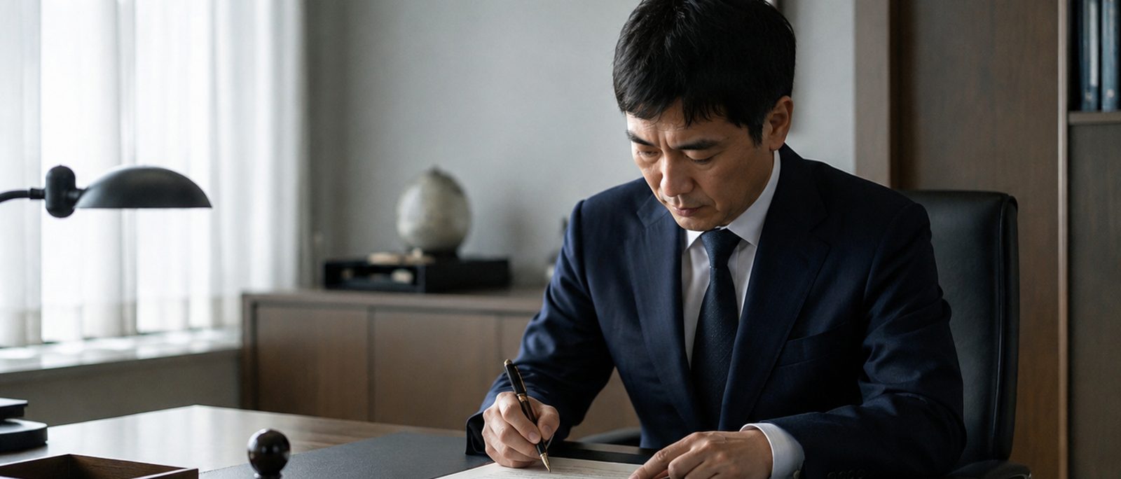 執務机で払戻請求書に署名する場面と印章