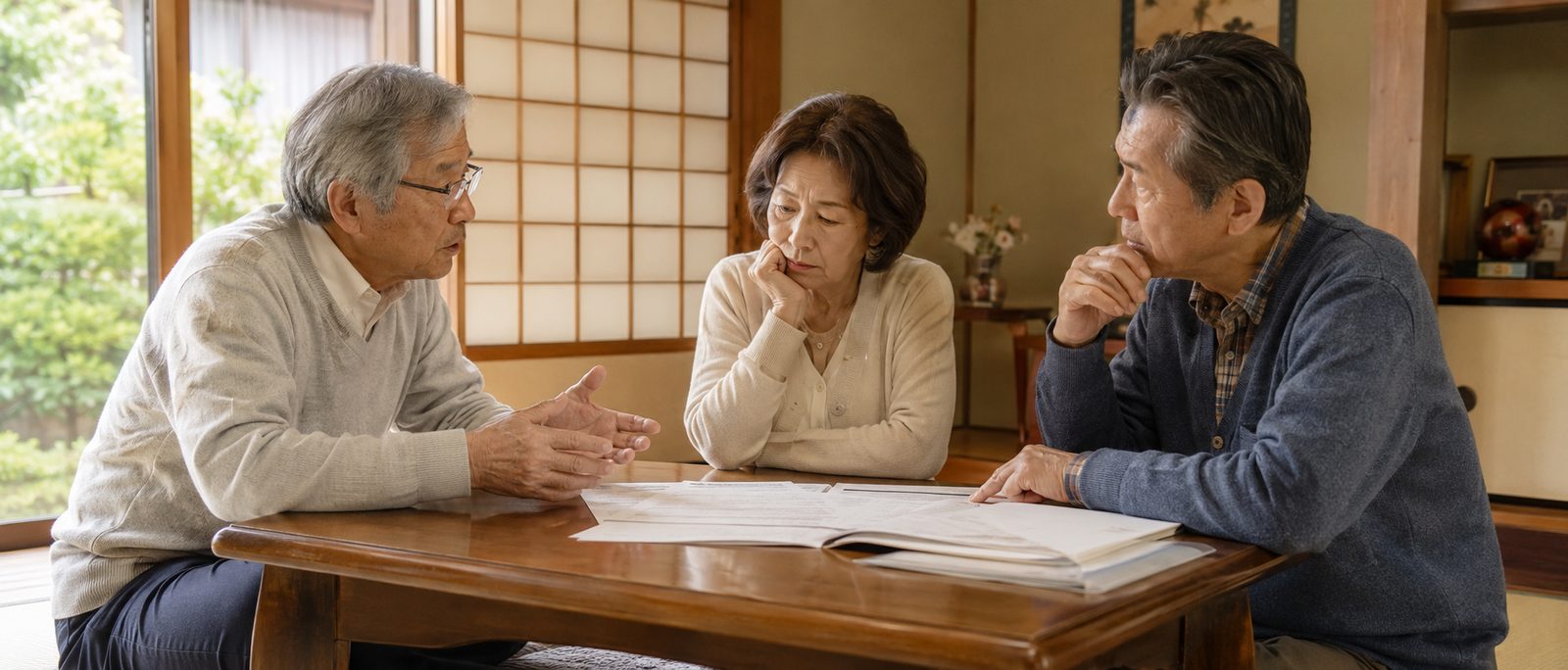 親族が集まって遺産の分け方を話し合っている場面
