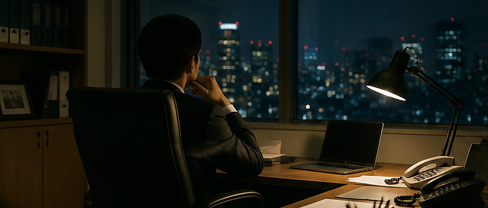 深夜の執務室において取引の経過を精査する場面