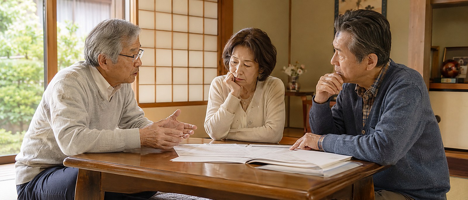 和室において、書面を前に協議している相続人