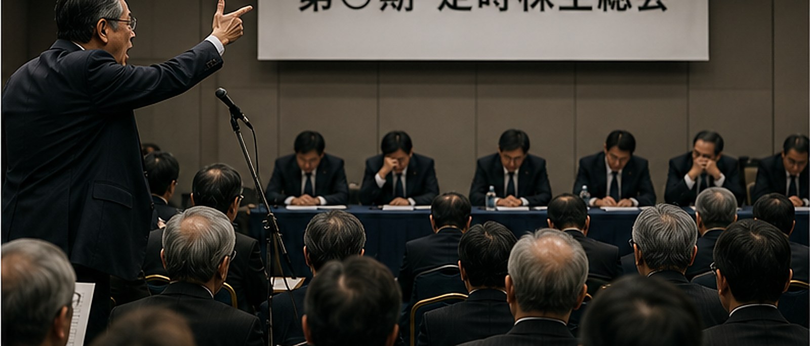 定時株主総会において少数派の株主が発言し、議事が紛糾している場面