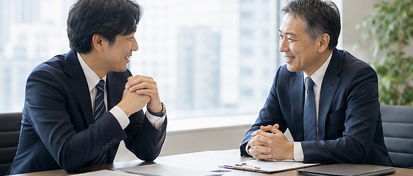 応接室において、方針が定まり書面を確認している経営者と弁護士
