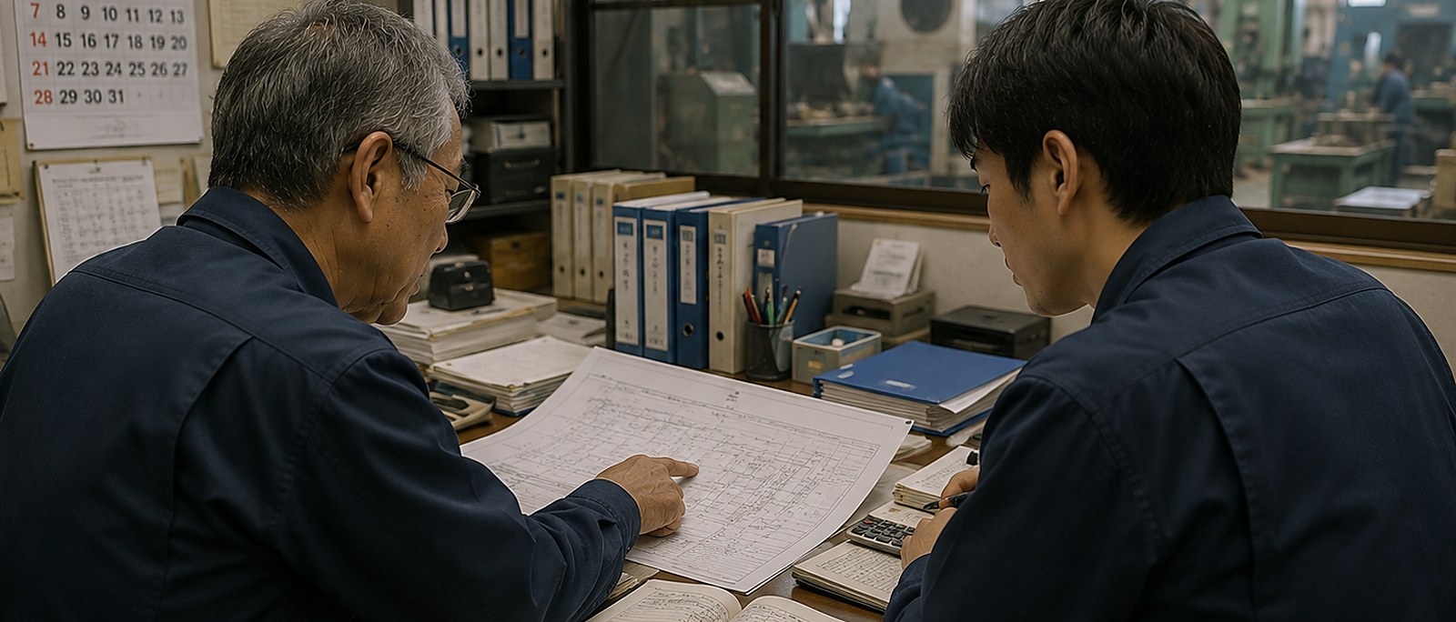 工場の事務所において帳簿を前に引継ぎを行う親子